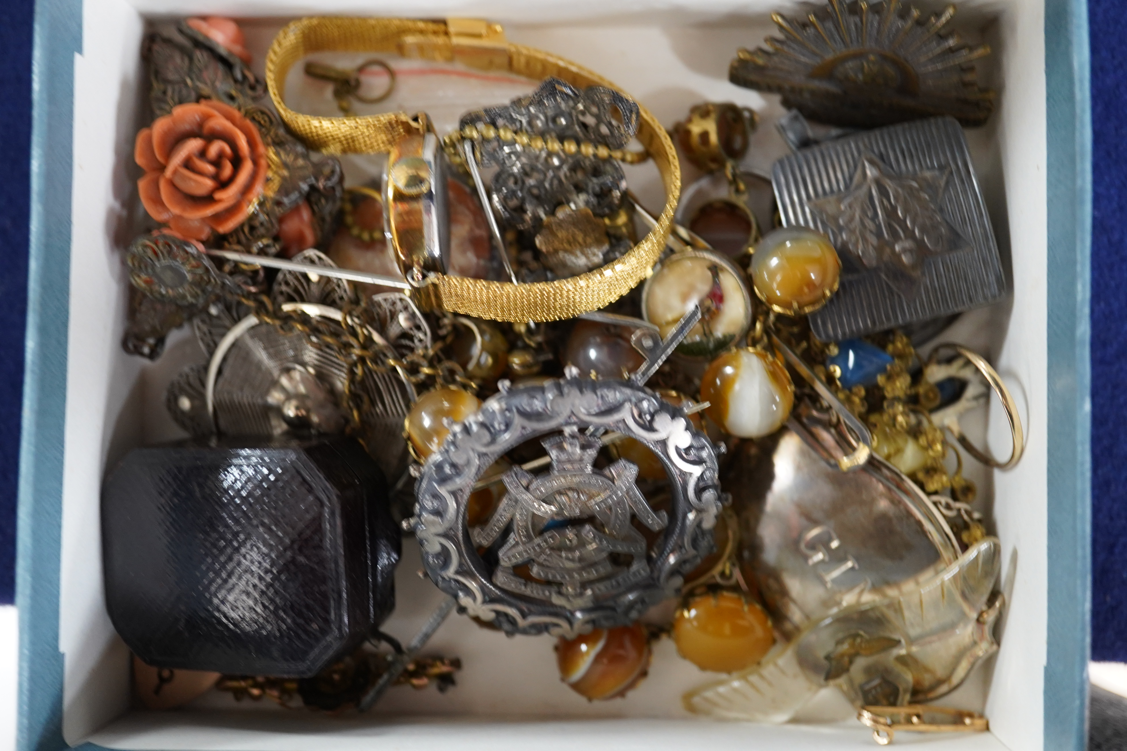 A small group of assorted Victorian and later jewellery including, costume, a 9ct horseshoe brooch, yellow metal and five stone diamond ring, a 1970's 9ct gold and cabochon set ring, garnet set mourning brooch, silver wi